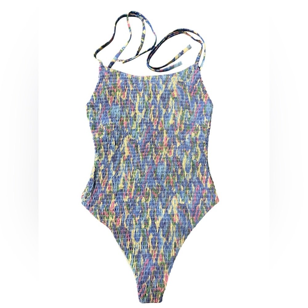 NWOT Smocked One-Piece Swimsuit with Tie Straps - Blue & Pink Print Size Medium